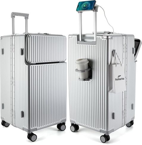 feilario 30in Super Large Captain Aluminum Frame Hardside Spinner Wheels Luggage, Removable Wheels Zipperless Checked Suitcase with Cup Holder/Phone Holder (Silver,30in) in Saudi Arabia