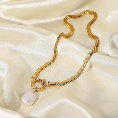Baroque Large Square Pearl Pendant Spring Clasp Soft Snake Chain Necklace Elegant Pearl Jewelry in Saudi Arabia