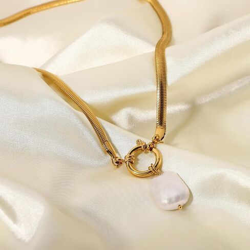 Baroque Large Square Pearl Pendant Spring Clasp Soft Snake Chain Necklace Elegant Pearl Jewelry in Saudi Arabia