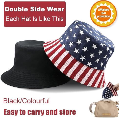 4Th of July Hat Red White and Blue Hat American USA Flag Bucket Hat Double-Side-Wear Reversible Sun Hat for Women Men in Kuwait