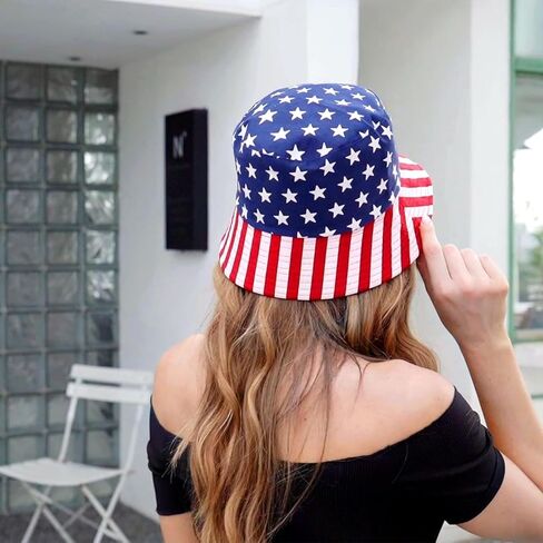 4Th of July Hat Red White and Blue Hat American USA Flag Bucket Hat Double-Side-Wear Reversible Sun Hat for Women Men in Kuwait