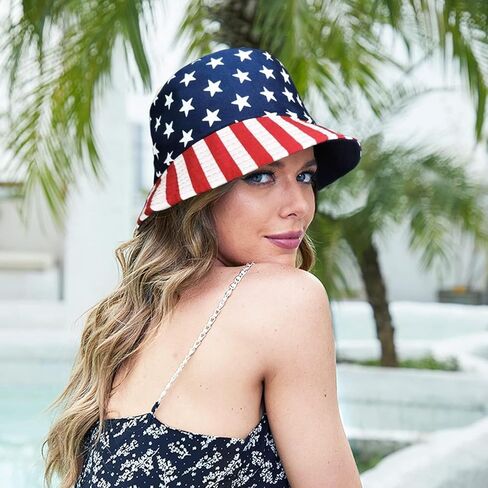 4Th of July Hat Red White and Blue Hat American USA Flag Bucket Hat Double-Side-Wear Reversible Sun Hat for Women Men in Kuwait