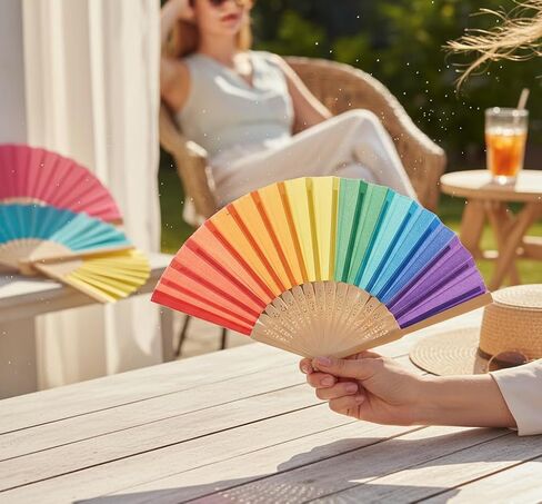 Abbott Collection Ombre Rainbow Folding Hand Fan | Wood/Cotton, Multi, 16"W in Saudi Arabia