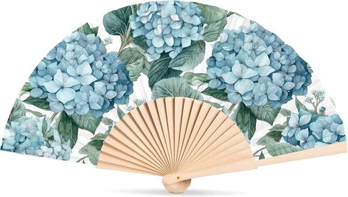 Abbott Collection Hydrangea Folding Hand Fan | Wood/Cotton, Blue/Green, 16"W in Saudi Arabia