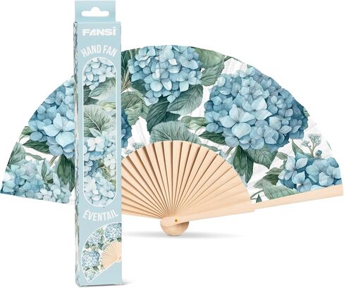 Abbott Collection Hydrangea Folding Hand Fan | Wood/Cotton, Blue/Green, 16"W in Saudi Arabia