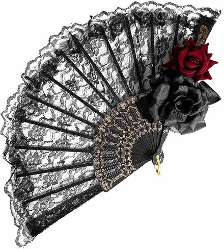 Vintage Lolita Victorian Gothic Women Lace Hand Fan Black Red Rose Gothic Fans for Party Halloween in Saudi Arabia