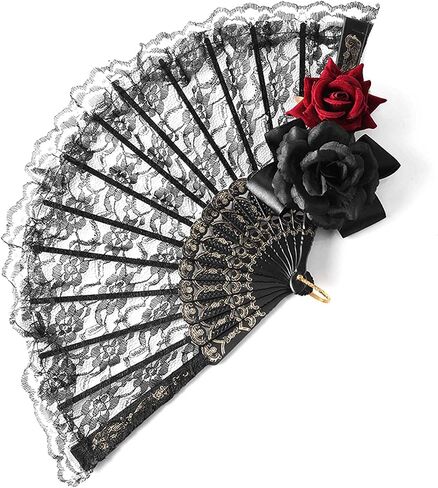 Vintage Lolita Victorian Gothic Women Lace Hand Fan Black Red Rose Gothic Fans for Party Halloween in Saudi Arabia