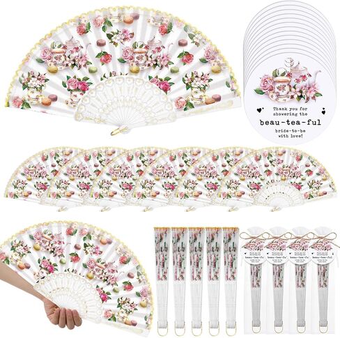 CroBlissful 25 مجموعة هدايا لحفلات الزفاف مع مراوح يدوية قابلة للطي، مراوح دانتيل الأزهار مع بطاقات شكر وأكياس الأورجانزا، هدايا لحفلات الزفاف بموضوع الشاي in Kuwait