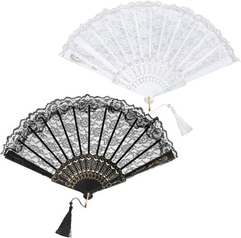 Vintage Lace Hand Fan for Wedding - 1920s Art Deco Floral Fan with Gold Glitter & Tassels, Great Gatsby Accessories for Bridal Shower, Tea Party, Roaring 20s Costume Prop (White & Black) in Saudi Arabia