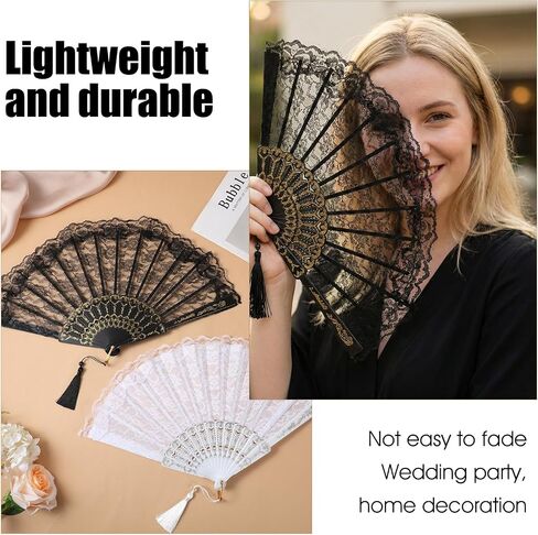 Vintage Lace Hand Fan for Wedding - 1920s Art Deco Floral Fan with Gold Glitter & Tassels, Great Gatsby Accessories for Bridal Shower, Tea Party, Roaring 20s Costume Prop (White & Black) in Saudi Arabia