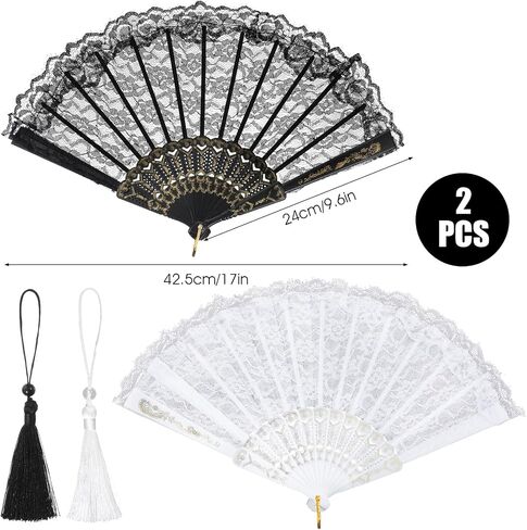Vintage Lace Hand Fan for Wedding - 1920s Art Deco Floral Fan with Gold Glitter & Tassels, Great Gatsby Accessories for Bridal Shower, Tea Party, Roaring 20s Costume Prop (White & Black) in Saudi Arabia