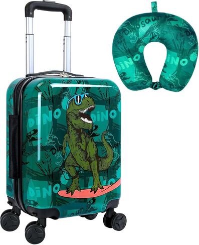 Skateboard Dinosaur Kids Luggage 2PC Set: Airline-Approved Carry On Boys Suitcase with 360° Spinner Rolling Wheels, Includes Neck Pillow in Saudi Arabia