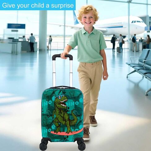 Skateboard Dinosaur Kids Luggage 2PC Set: Airline-Approved Carry On Boys Suitcase with 360° Spinner Rolling Wheels, Includes Neck Pillow in Saudi Arabia