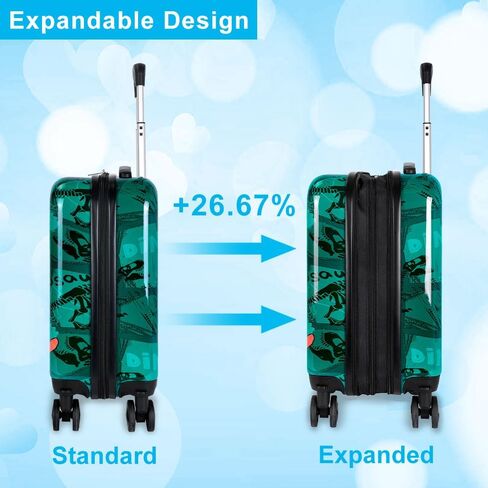 Skateboard Dinosaur Kids Luggage 2PC Set: Airline-Approved Carry On Boys Suitcase with 360° Spinner Rolling Wheels, Includes Neck Pillow in Saudi Arabia