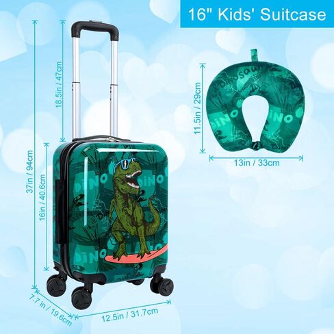 Skateboard Dinosaur Kids Luggage 2PC Set: Airline-Approved Carry On Boys Suitcase with 360° Spinner Rolling Wheels, Includes Neck Pillow in Saudi Arabia
