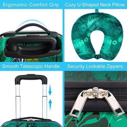 Skateboard Dinosaur Kids Luggage 2PC Set: Airline-Approved Carry On Boys Suitcase with 360° Spinner Rolling Wheels, Includes Neck Pillow in Saudi Arabia
