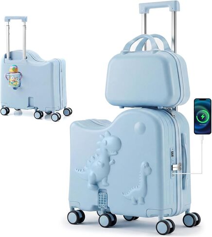 Cute Dinosaur Ride-On Luggage Set for Kids, 20" Carry-On Suitcase with 12" Portable Bag, Hardshell Kids Luggage with USB & Type-C Port, Cup Holder, Foldable Footrest, 6 Spinner Wheels Blue in Saudi Arabia