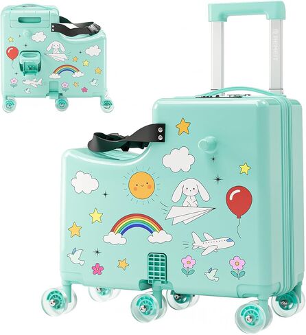 Ride-On Suitcase for Kids Carry On Luggage, Hard Shell Kids Travel Suitcase with 6 Spinner Wheels, TSA Lock, Safety Belt, Foldable Pedal & Cup Holder, Kids Riding Luggage, Green in Saudi Arabia