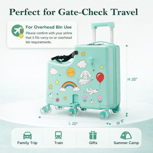 Ride-On Suitcase for Kids Carry On Luggage, Hard Shell Kids Travel Suitcase with 6 Spinner Wheels, TSA Lock, Safety Belt, Foldable Pedal & Cup Holder, Kids Riding Luggage, Green in Saudi Arabia