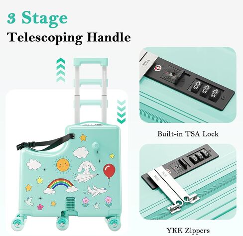 Ride-On Suitcase for Kids Carry On Luggage, Hard Shell Kids Travel Suitcase with 6 Spinner Wheels, TSA Lock, Safety Belt, Foldable Pedal & Cup Holder, Kids Riding Luggage, Green in Saudi Arabia