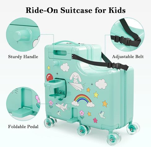 Ride-On Suitcase for Kids Carry On Luggage, Hard Shell Kids Travel Suitcase with 6 Spinner Wheels, TSA Lock, Safety Belt, Foldable Pedal & Cup Holder, Kids Riding Luggage, Green in Saudi Arabia