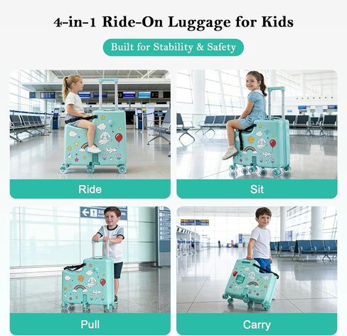 Ride-On Suitcase for Kids Carry On Luggage, Hard Shell Kids Travel Suitcase with 6 Spinner Wheels, TSA Lock, Safety Belt, Foldable Pedal & Cup Holder, Kids Riding Luggage, Green in Saudi Arabia