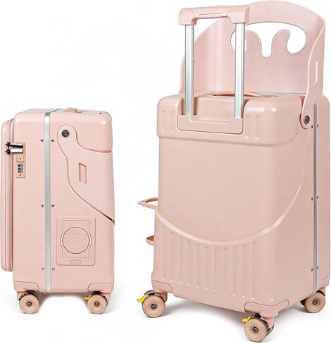 20 Inch Kids Suitcase with Seat, Ride On Carry On Luggage for Children, Front-Opening Hardshell Travel Trolley with Multi-Level Handle & TSA Lock, Gift Cushion Included(Pink) in Kuwait