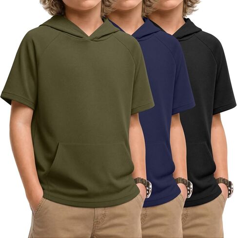 Xaatren 3 Pack Boys Short Sleeve Hoodie Kids Summer Hooded Pullover Shirts with Pocket Teen Athletic Hoodie Sweatshirt in Kuwait