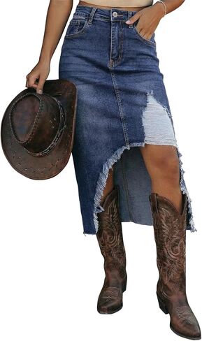 Dokotoo High Waisted Denim Skirt for Women Distressed Summer Button Front Ripped Midi Jean Skirt in Saudi Arabia