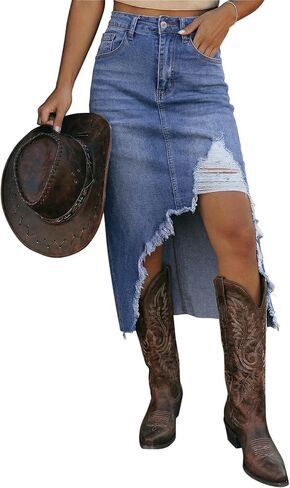 Dokotoo High Waisted Denim Skirt for Women Distressed Summer Button Front Ripped Midi Jean Skirt in Saudi Arabia