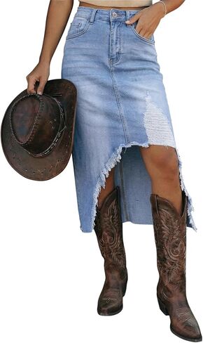 Dokotoo High Waisted Denim Skirt for Women Distressed Summer Button Front Ripped Midi Jean Skirt in Saudi Arabia