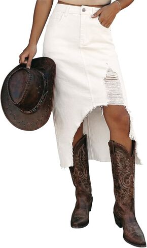 Dokotoo High Waisted Denim Skirt for Women Distressed Summer Button Front Ripped Midi Jean Skirt in Saudi Arabia