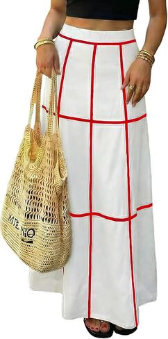 EXLURA Women's Faux Linen Boho Maxi Skirt Grid High Waist Long Flowy Skirts Summer Beach Vacation Resort Wear with Pockets in Kuwait