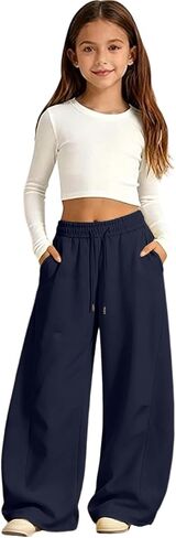 Girls Sweatpants Baggy Barrel Pants Wide Leg Drawstring Open Bottom Casual Sweat Pants with Pockets 5-15 Years in Saudi Arabia