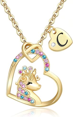 Chunyee Unicorn Gifts for Girls, Colorful CZ Heart Unicorn Necklaces Initial Necklace Birthday Christmas Gift for Girls Teens in Saudi Arabia