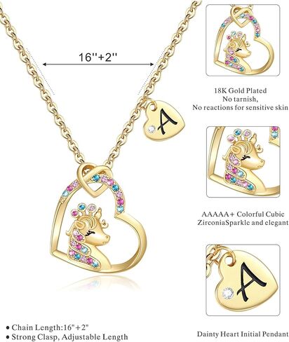 Chunyee Unicorn Gifts for Girls, Colorful CZ Heart Unicorn Necklaces Initial Necklace Birthday Christmas Gift for Girls Teens in Saudi Arabia