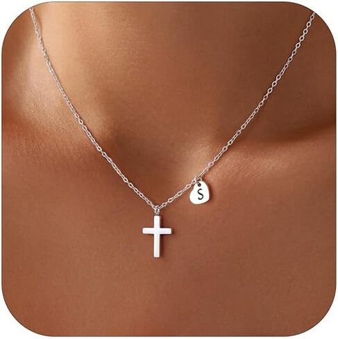 M MOOHAM Initial Cross Necklace for Girls Women - Dainty 14K-White Gold-Plated Heart Initial Necklaces Cross Necklace for Kids Teens Jewelry Confirmation Gifts Personalized Birthday Gifts in Kuwait