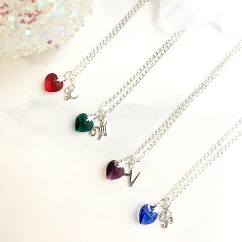 Personalized Birthstone Initial Necklace, Choice of Length Charm and Birth Month, Sterling Silver Initial Necklace, Birthstone Heart Necklace for Girls and Women, Birthday Christmas Gift for Girls in Kuwait
