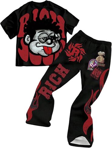 GORGLITTER Boy's Y2K Outfits 2 Piece Short Sleeve Graphic Tee Shirts and Casual Wide Leg Pants Sets Streetwear in Kuwait