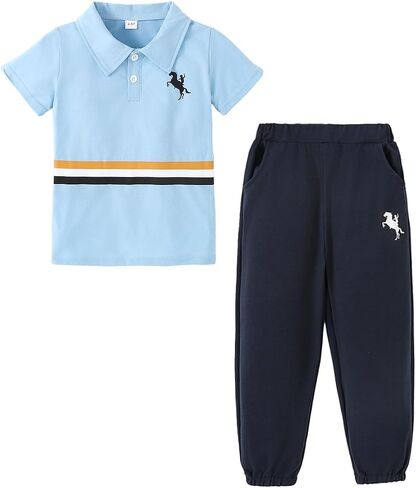 Azmxynol Boys Clothes 2 Piece Polo Short Sleeve T-Shirt + Pants, Boys Spring Summer Outfit, Size 4-8 Years in Kuwait