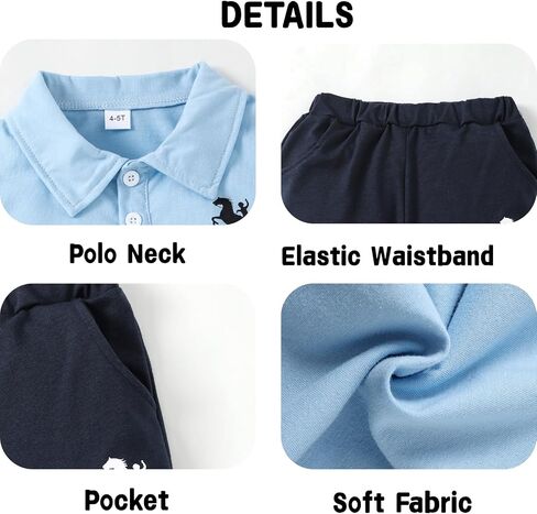 Azmxynol Boys Clothes 2 Piece Polo Short Sleeve T-Shirt + Pants, Boys Spring Summer Outfit, Size 4-8 Years in Kuwait