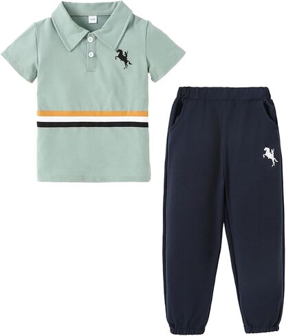 Azmxynol Boys Clothes 2 Piece Polo Short Sleeve T-Shirt + Pants, Boys Spring Summer Outfit, Size 4-8 Years in Kuwait