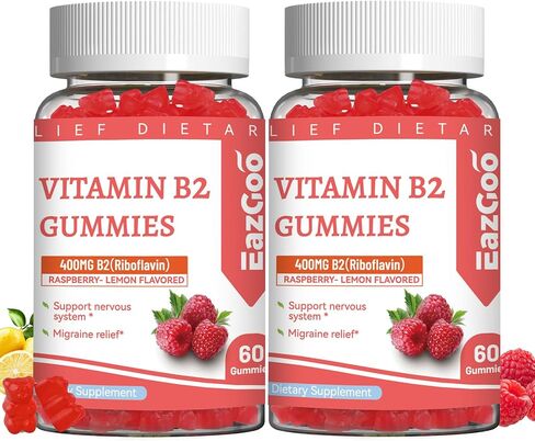 Vitamin B2 Gummies - Riboflavin 400mg Supplement with Magnesium for Adults, B2 Gummies for Migraine Relief* & Nervous System Support* - Vegan, Sugar-Free, Raspberry-Lemon Flavor, 60 Count in Saudi Arabia