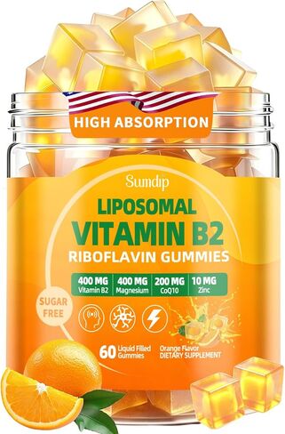 Vitamin B2 Gummies, Liposomal Riboflavin 400mg Supplement for Kids & Adults - High Potency with Magnesium, CoQ10, Zinc for Energy & Head - Sugar Free, Vegan, Orange Flavor, 60 Gummies (30-Day Supply) in Saudi Arabia