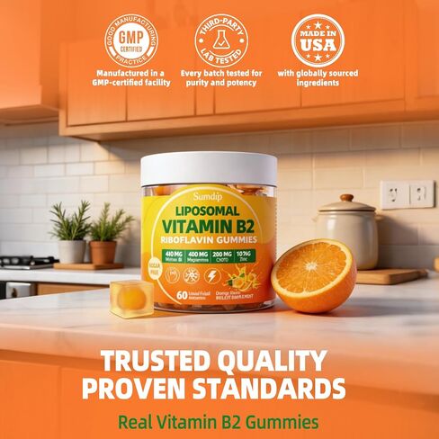 Vitamin B2 Gummies, Liposomal Riboflavin 400mg Supplement for Kids & Adults - High Potency with Magnesium, CoQ10, Zinc for Energy & Head - Sugar Free, Vegan, Orange Flavor, 60 Gummies (30-Day Supply) in Saudi Arabia