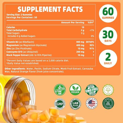 Vitamin B2 Gummies, Liposomal Riboflavin 400mg Supplement for Kids & Adults - High Potency with Magnesium, CoQ10, Zinc for Energy & Head - Sugar Free, Vegan, Orange Flavor, 60 Gummies (30-Day Supply) in Saudi Arabia