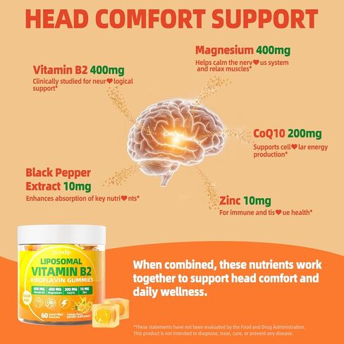 Vitamin B2 Gummies, Liposomal Riboflavin 400mg Supplement for Kids & Adults - High Potency with Magnesium, CoQ10, Zinc for Energy & Head - Sugar Free, Vegan, Orange Flavor, 60 Gummies (30-Day Supply) in Saudi Arabia