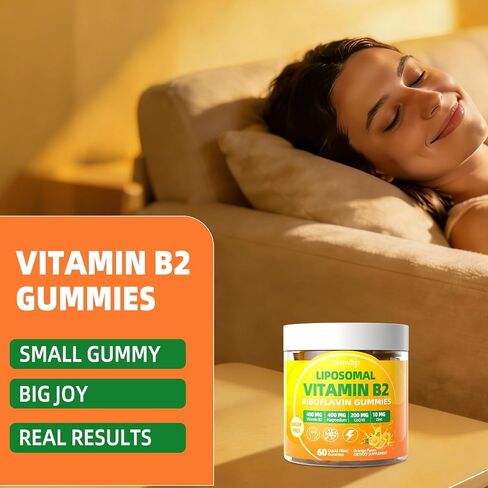 Vitamin B2 Gummies, Liposomal Riboflavin 400mg Supplement for Kids & Adults - High Potency with Magnesium, CoQ10, Zinc for Energy & Head - Sugar Free, Vegan, Orange Flavor, 60 Gummies (30-Day Supply) in Saudi Arabia