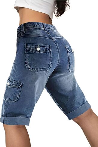 Flamingals Women's Bermuda Denim Straight Leg Shorts with Flap Pockets Mid Waist Casual Shorts Roll Hem in Kuwait