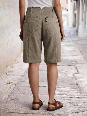 Flamingals Women’s High Waist Bermuda Shorts Fashion Trendy Stitch Detail Casual Cargo Shorts in Kuwait